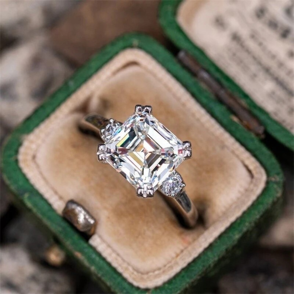 3.12Ct Three Stone Setting Asscher Cut Created White Sapphire Size 8